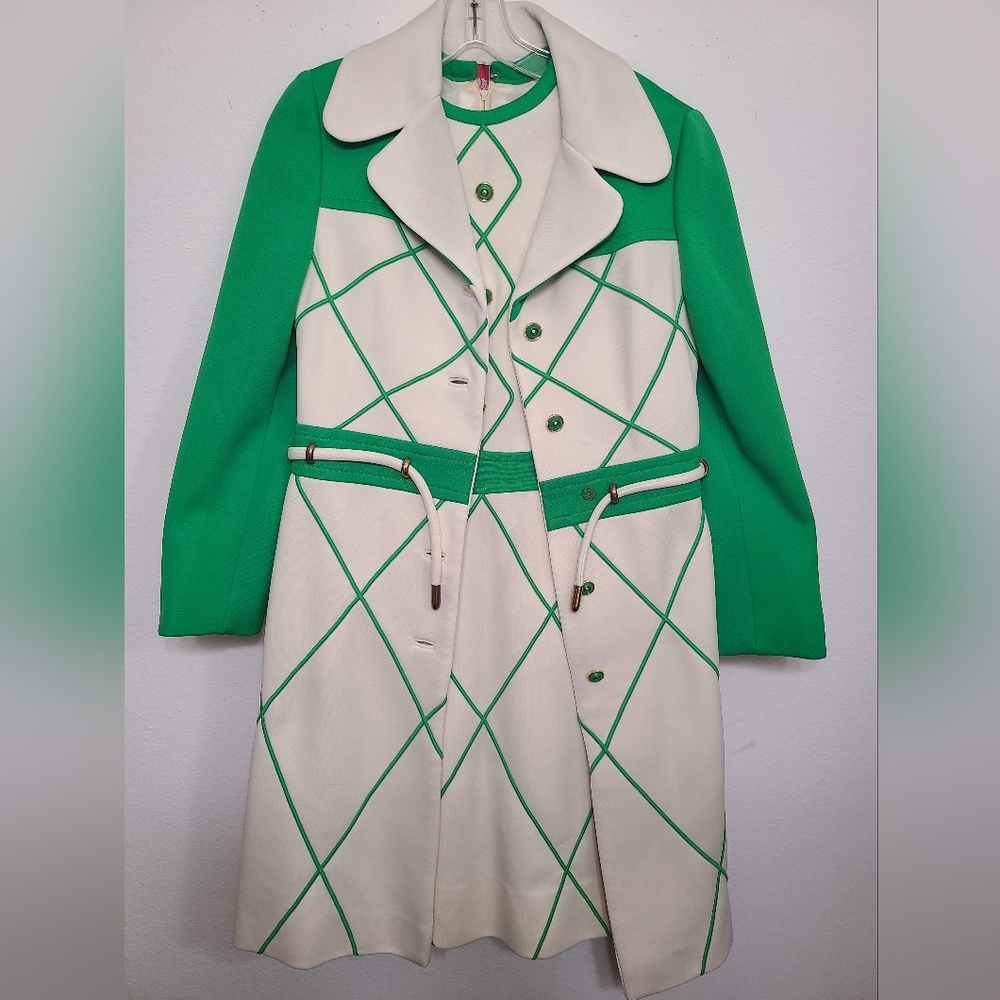 Vintage, Lilli Ann, Knit Suit, 3 Piece, Dress, Jacket, Belt, 1970's Green/White